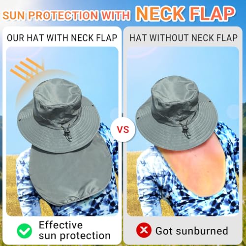 NPQQUAN Sun Hats for Men Women with Neck Flap UPF 50+ UV Protection Wide Brim Bucket Hat Safari Hiking Fishing Hats - color: Khaki（neck Flap）