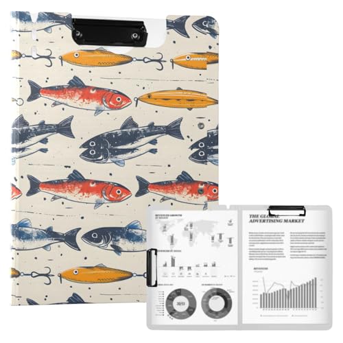 A4 Foldable Clipboard Folder with Double Clips Metal Clip, Pen Holder, 360 Degree Foldable Storage Clipboards Fish Lures Hooks Binder File Folder for Office,Nursing,Work,