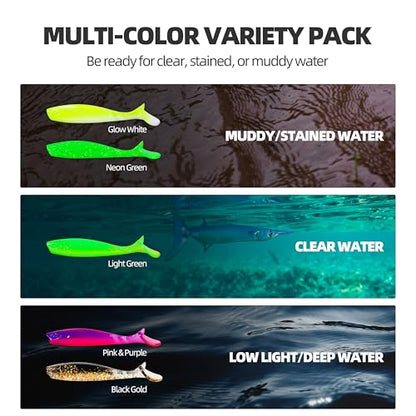 30pcs Soft Plastic Swimbaits with Paddle Tail, T-Tail Fishing Lures for Vertical Jigging and Casting, Freshwater Swimbaits for Bass, Trout, Walleye & Crappie - color: Segmented, 2''
