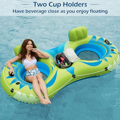 Jasonwell Inflatable River Tube Float - 2 Person Heavy Duty River Float Pool Floats with Removable Cooler Lake Water Tubes for Floating River Raft Lounge Floatie with 2 Cup Holders for Adults (YG) - style: Owl-Lime