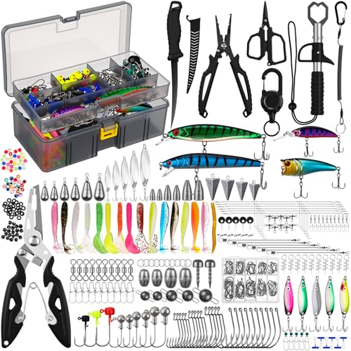 Fishing Lures Kit with Tackle Box, Pliers, Fish Gripper, Saltwater Freshwater Gear Set for Bass Trout, Hooks Weights Bobbers Rigs Leaders - style: 449 Pcs Fishing Lures Accessories Kit