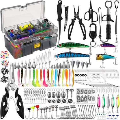 Fishing Lures Kit with Tackle Box, Pliers, Fish Gripper, Saltwater Freshwater Gear Set for Bass Trout, Hooks Weights Bobbers Rigs Leaders - style: 449 Pcs Fishing Lures Accessories Kit