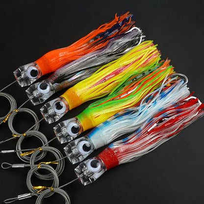Saltwater Fishing Lures 6/9inch Trolling Lures for Marlin Mahi Tuna Dolphin Shark Big Game Deep Sea Fishing Baits Squid Skirts Rigged Hooks Ocean Gear Tackle - color: Yellow-1pcs, size: 6inch