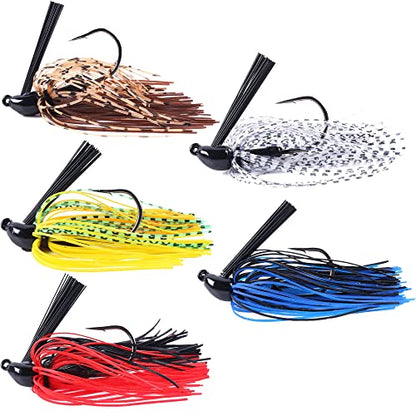 Bass Jigs, 5pcs/Box, 2.76in/0.35oz, Medium Size, J Hook, Silicone & Metal Material, Weedless Design, Ideal for Bass, Trout, Walleye & More