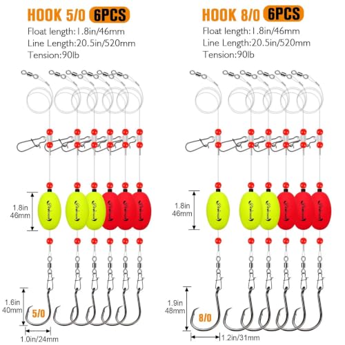Dovesun Fish Finder Rig with Float 20.5" Surf Fishing Rigs 90LB Surf Fishing Tackle for Shark Bluefish Stripers 6PCS 5/0 8/0 - color: 8/0 Circle Hook