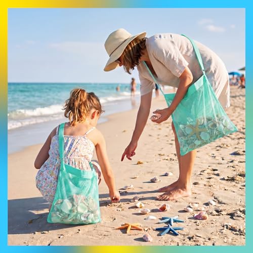 VioraWhite 2 Pcs Extra Large 14 x 16inch Clam Mesh Chum Beach Bags for Seashells Clams Treasures Sand Away Foldable Shell Collection Bags with Adjustable Straps (Aqua) - color: Aqua