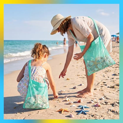 VioraWhite 2 Pcs Extra Large 14 x 16inch Clam Mesh Chum Beach Bags for Seashells Clams Treasures Sand Away Foldable Shell Collection Bags with Adjustable Straps (Aqua) - color: Aqua
