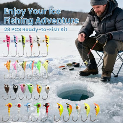 Natufish Glow Ice Fishing Jigs | Winter Ice Fishing Lures Set | Micro Jig Head for Pike, Panfish, Crappie, Perch, Walleye, Trout, Bluegill - with Storage Box - color: 28pcs