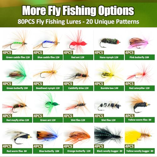 80 pcs YDIUDL 3rd Gen Fly Fishing Flies Kit - Hand-Tied Dry Flies for Trout, Bass, Salmon, Panfish - Delicate Lifelike Shapes, Lures for Freshwater Fly Fishing in Rivers & Lakes
