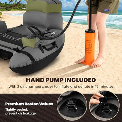 GYMAX Fishing Float Tube, 350LBS Inflatable Belly Boat with Oar, Flippers, Rod Holder, Fish Ruler, Hand Pump & Zipper Storage, Portable Backpack Float Tubes for Fishing - color: Gray+Green