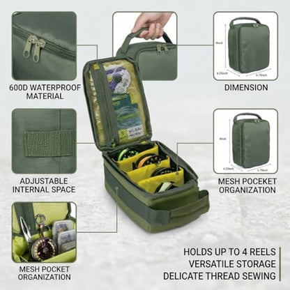 Fishing Tackle Bag Waterproof Fishing Bags Portable Fishing Reel & Gear Bag with 3 Adjustable Dividers for Spinning Baitcasting Fly Reels (Army Green)