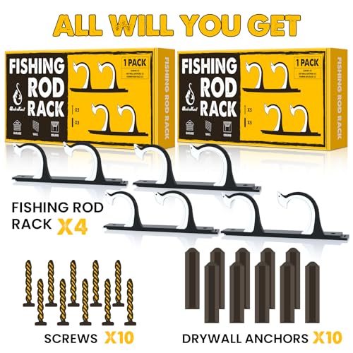 QudraKast Horizontal Fishing Rod Holder for Garage Wall Ceiling Mount - Fishing Pole Holders Fishing Rod Rack Holds Up to 4 Rods or Combos, Ideal Fishing Gift (2pack)