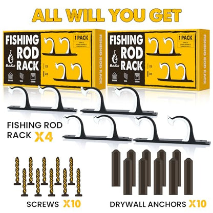 QudraKast Horizontal Fishing Rod Holder for Garage Wall Ceiling Mount - Fishing Pole Holders Fishing Rod Rack Holds Up to 4 Rods or Combos, Ideal Fishing Gift (2pack)