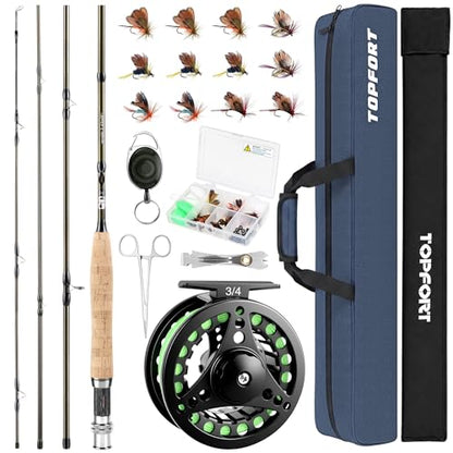 TOPFORT Fly Fishing Rod and Reel Combo, 4-Piece Fly Rod Kit with Complete Fly Fishing Gear: Fly Rod, Pre-Spooled Fly Fishing Reel, Fishing Flies, Leader, Forceps, Nipper and Carrying Case - color: 3/4# 2.43m 8FT Fly Fishing Rod and Reel Combo