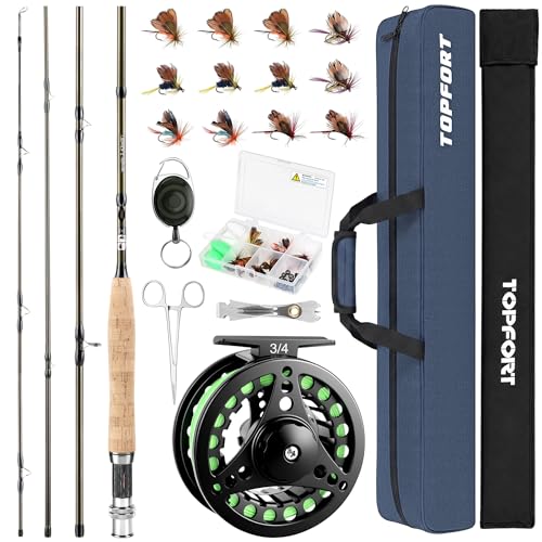 TOPFORT Fly Fishing Rod and Reel Combo, 4-Piece Fly Rod Kit with Complete Fly Fishing Gear: Fly Rod, Pre-Spooled Fly Fishing Reel, Fishing Flies, Leader, Forceps, Nipper and Carrying Case - color: 3/4# 2.43m 8FT Fly Fishing Rod and Reel Combo
