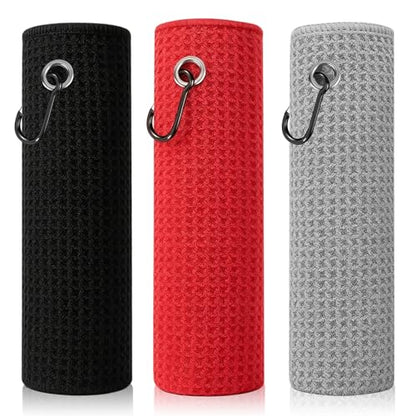 Fishing Towel with Clip,16" X 16",Waffle Pattern Effective Cleaning of Fishing Gear Accessories,Microfiber Absorbent Camping Towel for Men,Hiking Towel,Golf Towel,Pack of 3 (Black/Grey/Red) - color: Black/Grey/Red