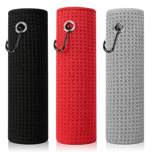 Fishing Towel with Clip,16" X 16",Waffle Pattern Effective Cleaning of Fishing Gear Accessories,Microfiber Absorbent Camping Towel for Men,Hiking Towel,Golf Towel,Pack of 3 (Black/Grey/Red) - color: Black/Grey/Red
