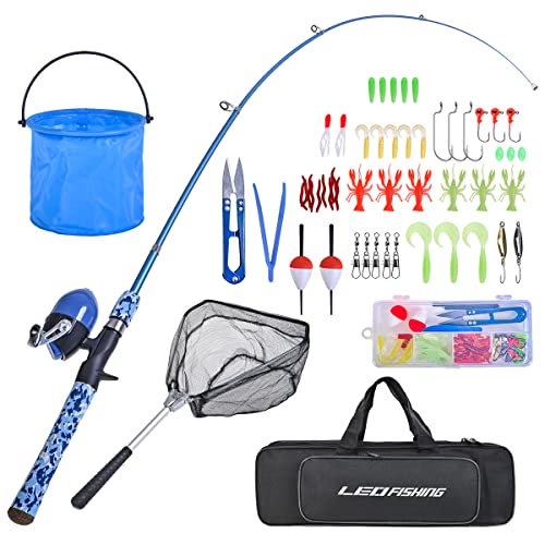 LEOFISHING Kids Fishing Pole Set with Full Starter Kits Portable Telescopic Fishing Rod and Spincast Reel with a Fishing Net and Bucket for Boys Girls and Youth - color: Blue