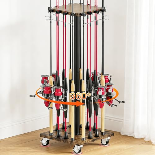 Fishing Rod Holders for Garage 360° Rotating Fishing Pole Rack, Floor Stand Holds up to 16 Poles Fishing Gear Equipment Storage Organizer, Fishing Gifts for Men Women, Brown - color: Brown
