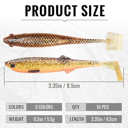 TRUSCEND Shadtale Easy Catch Soft Fishing Lures, Unique Vibration and Action for Various Rigs, Paddle Tail Swimbaits Trailer for Bass, Trout, Crappie, Walleye, Redfish, Saltwater & Freshwater Fishing - color: I-3.35",0.2oz,10pcs