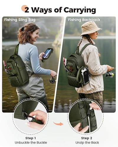 MATEIN Fishing Sling Bag with Phone Pouch, 3600 Tackle Box Backpack | Tackle Bag with Removable Bait Binder, Fishing Bag with Lure Rod Holder, Cooler Compartment, Waterproof, Women Fishing Gifts - color: Olive Green