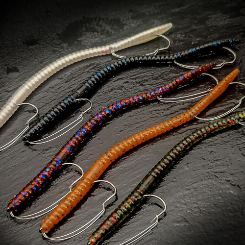 Fishing Lures Bass Lures, Weedless Pre Rigged Bionic Sinking Bass Fishing Lure Soft Plastic Swimbaits for Trout, Walleye, Crappie, Fishing Worm Swim Baits Minnows for Saltwater Freshwater - color: A2-Green Pumpkin, Junebug, Glow White