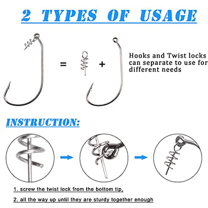 Twistlock Fishing Hooks,50pcs Bass Fishing Worm Hooks with Centering Pin Spring Unweighted Swimbait Hooks for Soft Plastics Lure Baits Saltwater Freshwater Size 1/0 2/0 3/0 4/0 5/0 - size: 5 sizes mixed-50pcs