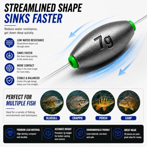 Egg Sinkers Fishing Weights, Oval Slip Sinkers Bullet Lead Fishing Weights for Freshwater Saltwater Tackle Set 1/8oz to 1oz - size: 1/4oz-7g-20pcs