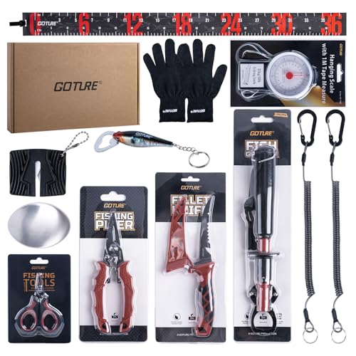 Goture Fishing Tool Kit,Fishing Pliers,Fillet Knife with Sheath,Fish Lip Gripper,Fish Hook Remover,Lanyard,Line Scissors,Sharpener,Stainless Steel Soap,Saltwater Gear Kit,Red/Pink,Gifts for Men/Women - color: A8:12pcs Fishing Tool Kit