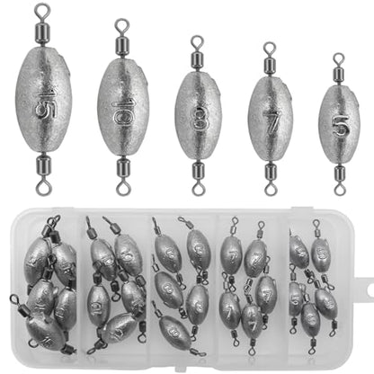 Fishing Weights Sinkers Inline Trolling Fishing Sinkers Egg sinkers with Inner Swivels Oval Drop Lead Fishing Weights for Saltwater Freshwater Fishing - size: 25pcs-mix