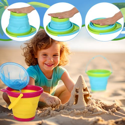 2 Pack Telescopic Kids Fishing Net with Handle, 2 Collapsible Bucket Sand Pail, Stainless Steel Foldable Fishing Net Small Fishing Butterfly Bug Net Beach Shovel with Storage Bag - color: Blue Yellow Green