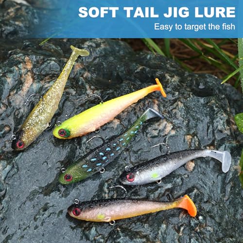 5 Pcs Pre-Rigged Soft Fishing Lures, 3.5In Paddle Tail Jig Heads Swim Bait, Realistic Movement Easy Catch Fishing jigs Lure, Fishing Baits for Freshwater Saltwater Bass Trout Baits