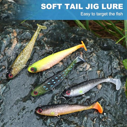 5 Pcs Pre-Rigged Soft Fishing Lures, 3.5In Paddle Tail Jig Heads Swim Bait, Realistic Movement Easy Catch Fishing jigs Lure, Fishing Baits for Freshwater Saltwater Bass Trout Baits