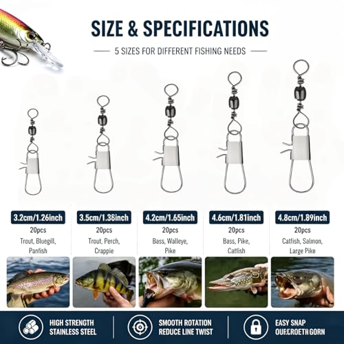 Fishing Swivels Snap Swivels Kit, 100PCS Barrel Swivel with Duo Lock Snaps, Saltwater Freshwater Fishing Connector for Lures, Hooks & Tackle Box