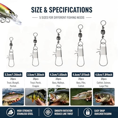 Fishing Swivels Snap Swivels Kit, 100PCS Barrel Swivel with Duo Lock Snaps, Saltwater Freshwater Fishing Connector for Lures, Hooks & Tackle Box