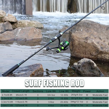 Sougayilang Surf Fishing Rod IM8 Carbon 3 Piece Travel Spinning Rod (9'/10'/11'/12') - size: 12'0"