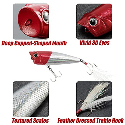 Alwonder 5-Pack Fishing Popper Lure, Fishing Top Water Lures Bass Lures Feathered Treble Hooks Rooster Tail Lure Plugs Hard Baits