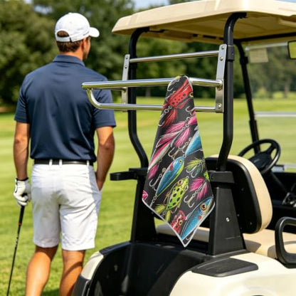 Fishing Black Microfiber Golf Towel Magnetic with Clip for Golf Bags | Golf Essentials for Men Women Attaches to Clubs and Carts 17.7"x17.7"