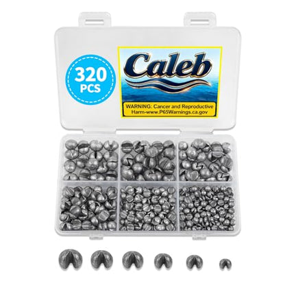 Caleb 200/320Pcs Split Shot Fishing Weights Sinkers, Removable Lead Fishing Weights, Premium Duckbill Reusable Fishing Sinkers for Freshwater Saltwater Bass Trout Fishing Accessories - 5/6 Sizes - size: 320PCS/6 SIZE