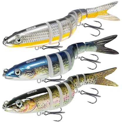 GOTOUR Jointed Swimbaits, Easy Catch Fishing Lures for Bass Trout Crappie | Wiggling Vibrating Rattling Gurgling for More Bites, Heavy-Duty Dyneema Fiber, Slow Sinking, Fresh & Saltwater Fishing Baits - color: A3-5"-0.8oz