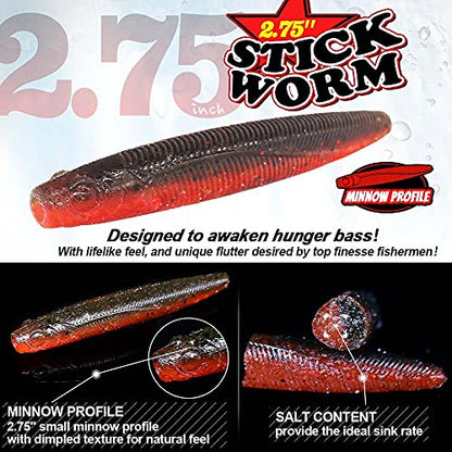 Ned-Rig-Kit-Finesse-Baits-Soft-Plastic-Worms-Fising-Lure for Bass Stick Swimbait Minnow Crawfish Lures Shroom Ned Jig Head Kit - color: 35-Piece 2.75'' #01 Stick Worms Ned Rig Kit