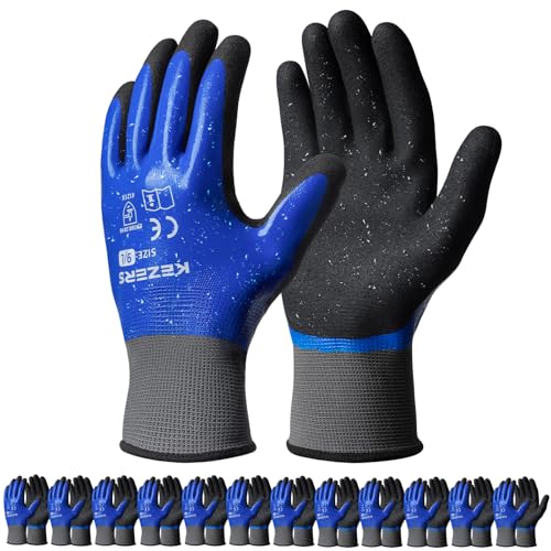 KEZERS Waterproof Work Gloves,12 Pairs Nitrile Coated Gloves for Men & Women,Non-slip Working Gloves for Garden Outdoor