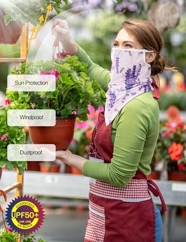 FISHEAL UV Sun Protection Face Scarf Mask, Breathable Gardening Face Cover Neck Gaiter with Ear Loops Bandana for Men Women - color: Lavender Bee