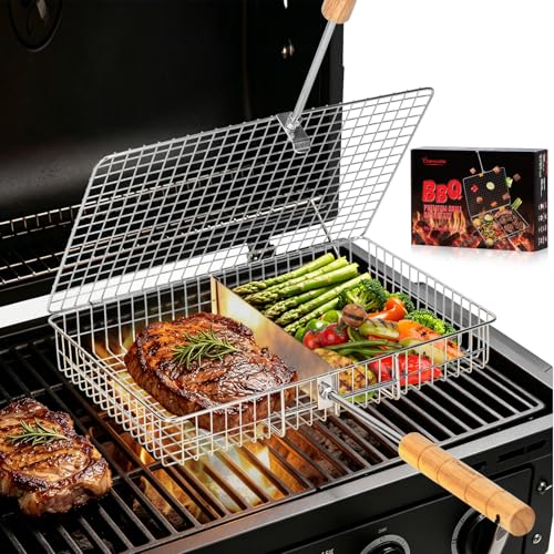 Grill Baskets for Outdoor Grill,Removable Wooden Handle and Divider Panel,BBQ Accessories for Grilling Fish,Veggies,Shrimp,Meat,Premium 304 Stainless Steel,Grilling Tools for Outdoor Cooking & Picnics,Gifts for Father’s Day,Birthday,Festival,Anniversary