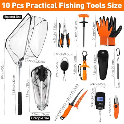 RoundFunny 10 Pcs Fishing Tool Kit, Fishing Pliers with Lanyard and Protective Sheaths, Landing Net, Fillet Knife, Fish Scale, Gripper, Hook Remover, Braid Scissors, Gloves for Men Dad Gift - color: Orange
