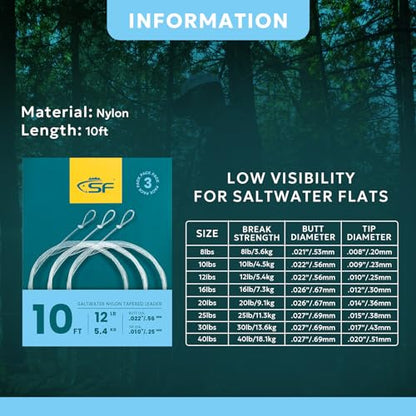 SF Pre-Tied Loop Fly Fishing Tapered Leader Nylon Clear Trout Freshwater Saltwater Bonefish Permit Bass Salmon Steelhead 7.5FT 9FT 10FT 12FT 15FT 0X 1X 2X 3X 4X 5X 6X 7X - size: 10FT-12LB, style: Saltwater Knotted 3-pack