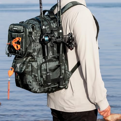 KastKing BaitSpace Fishing Tackle Backpack with Removable Bait Binder,2 Rod Holders Storage Fishing Gear and Equipment - color: F: Black Camo, size: Without tackle box