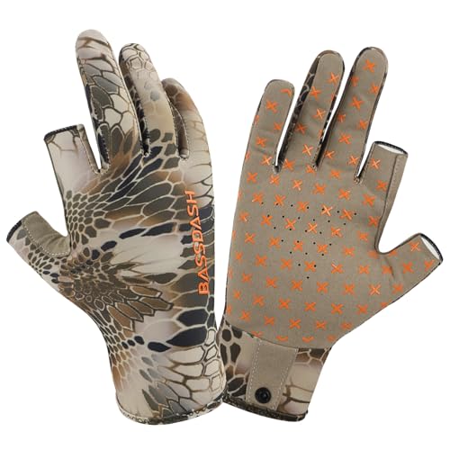 BASSDASH Unisex Fingerless Camo Hunting Gloves for Men's Women's Early Season Warm Weather UPF 50+ Lightweight Fishing Photography HG03 - color: Highland Ⅲ, size: Large