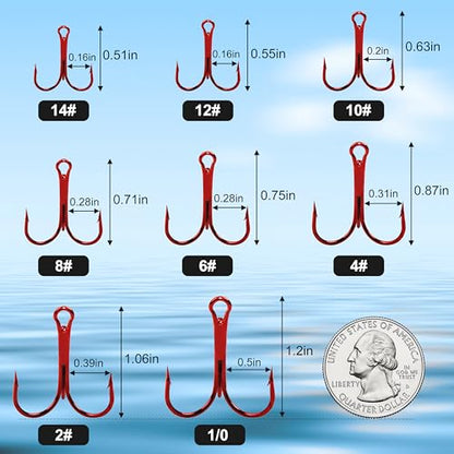Fishing Treble Hooks - Sharp Strong Red Treble Fishing Hooks High Carbon Steel Triple Hooks Round Bend Barbed Fish Hook for Saltwater Freshwater Size #14-1/0 - size: 60pcs-1/0