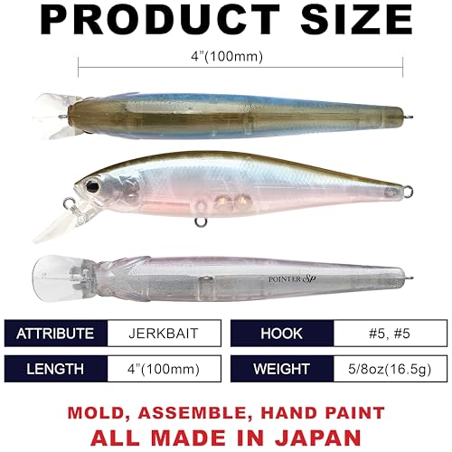 LUCKY CRAFT Pointer 100SP, Jerkbait Side by Side Action Tournament Winning Perfect Wobbling Freshwater Lake Bass Fishing Champion Bait - color: 291 Aurora Ghost Wakasagi